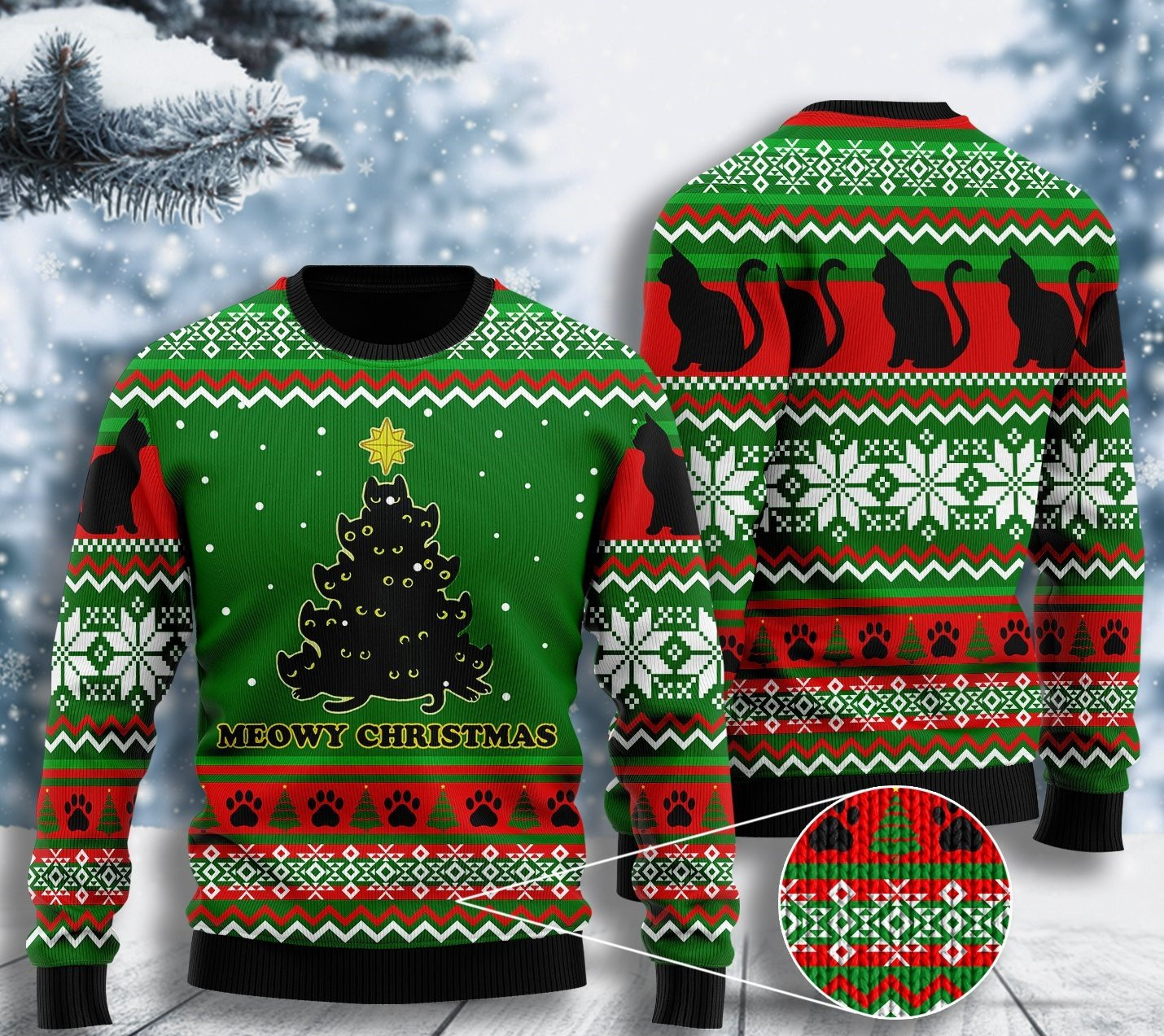 Black Cat Meowy Christmas Tree Ugly Christmas Sweater Ugly Sweater For Men Women