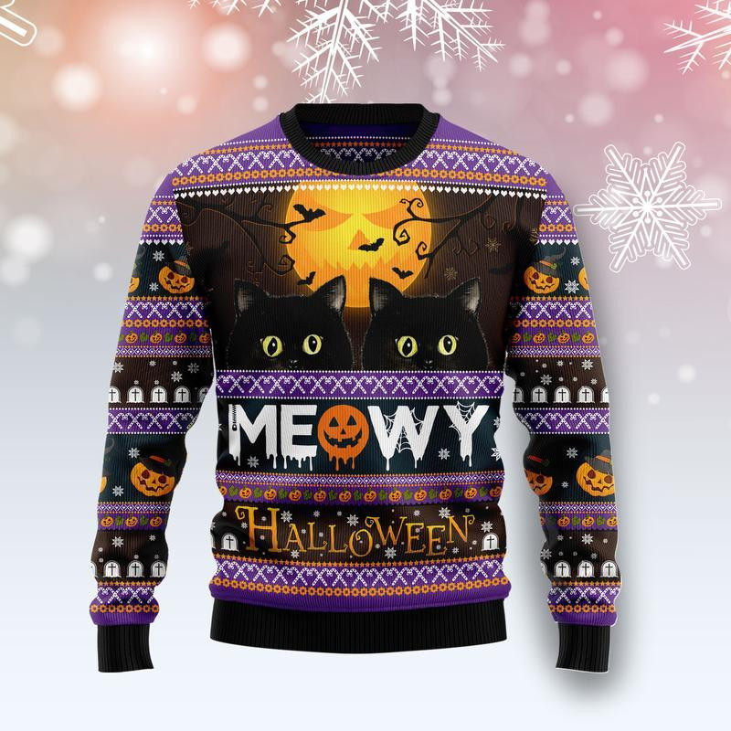 Black Cat Meowy Halloween Ugly Christmas Sweater Ugly Sweater For Men Women, Holiday Sweater