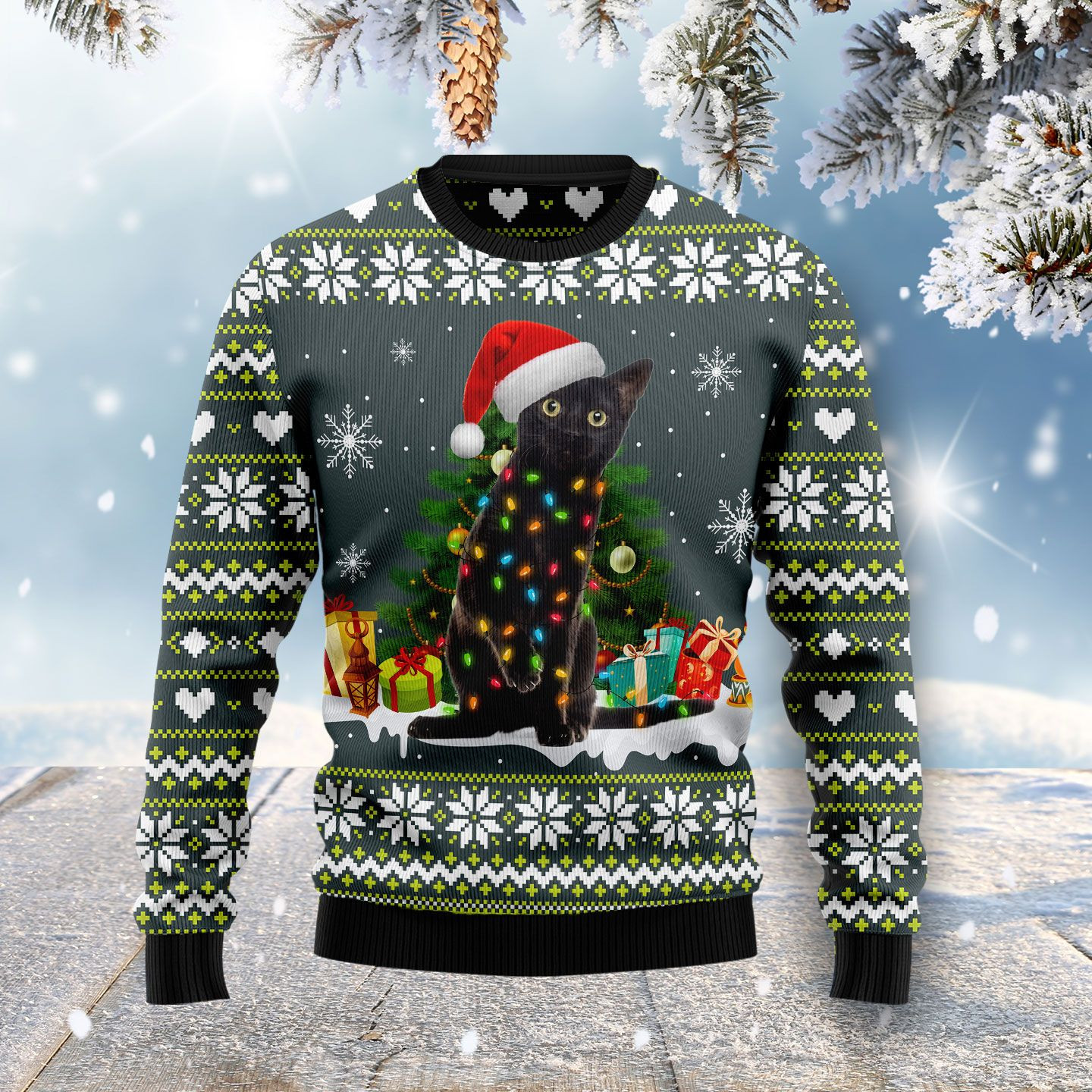 Black Cat Merry And Bright Ugly Christmas Sweater