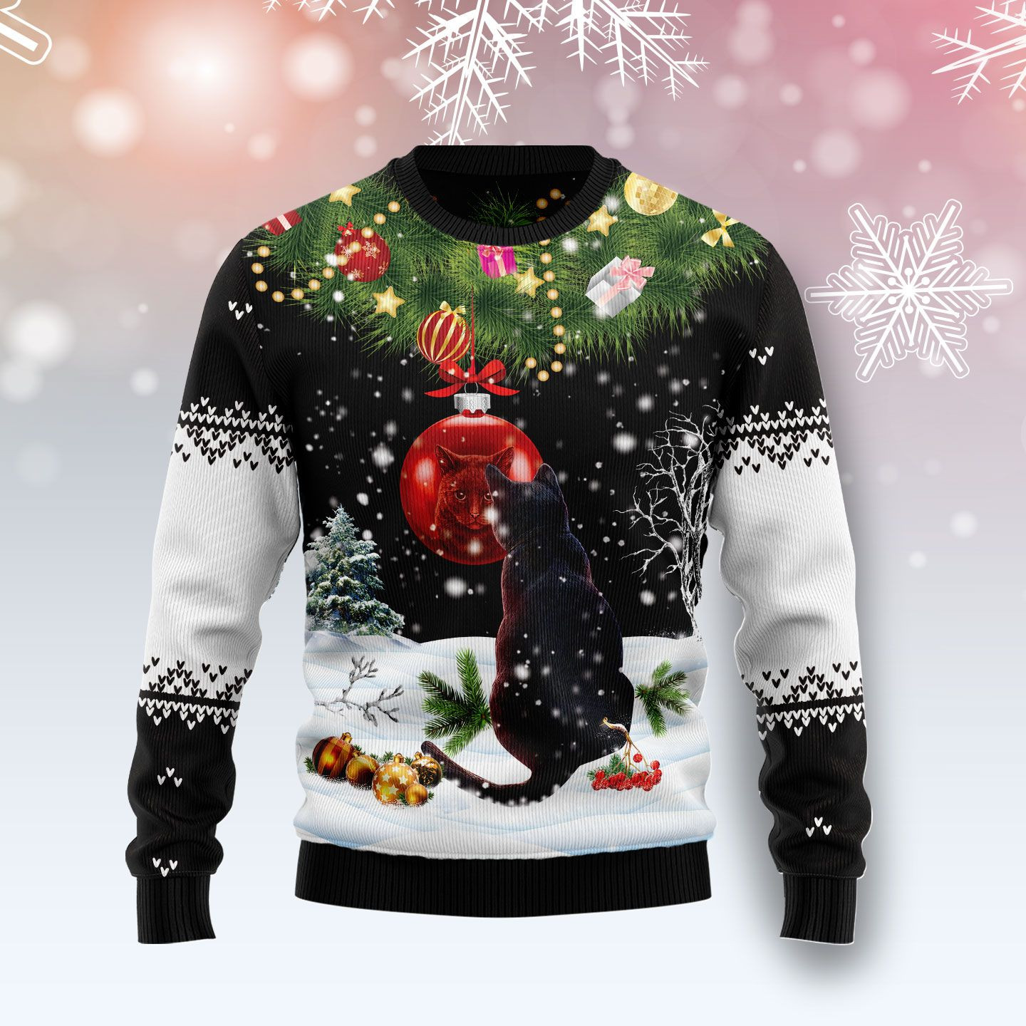 Black Cat Mirror Ugly Christmas Sweater Ugly Sweater For Men Women