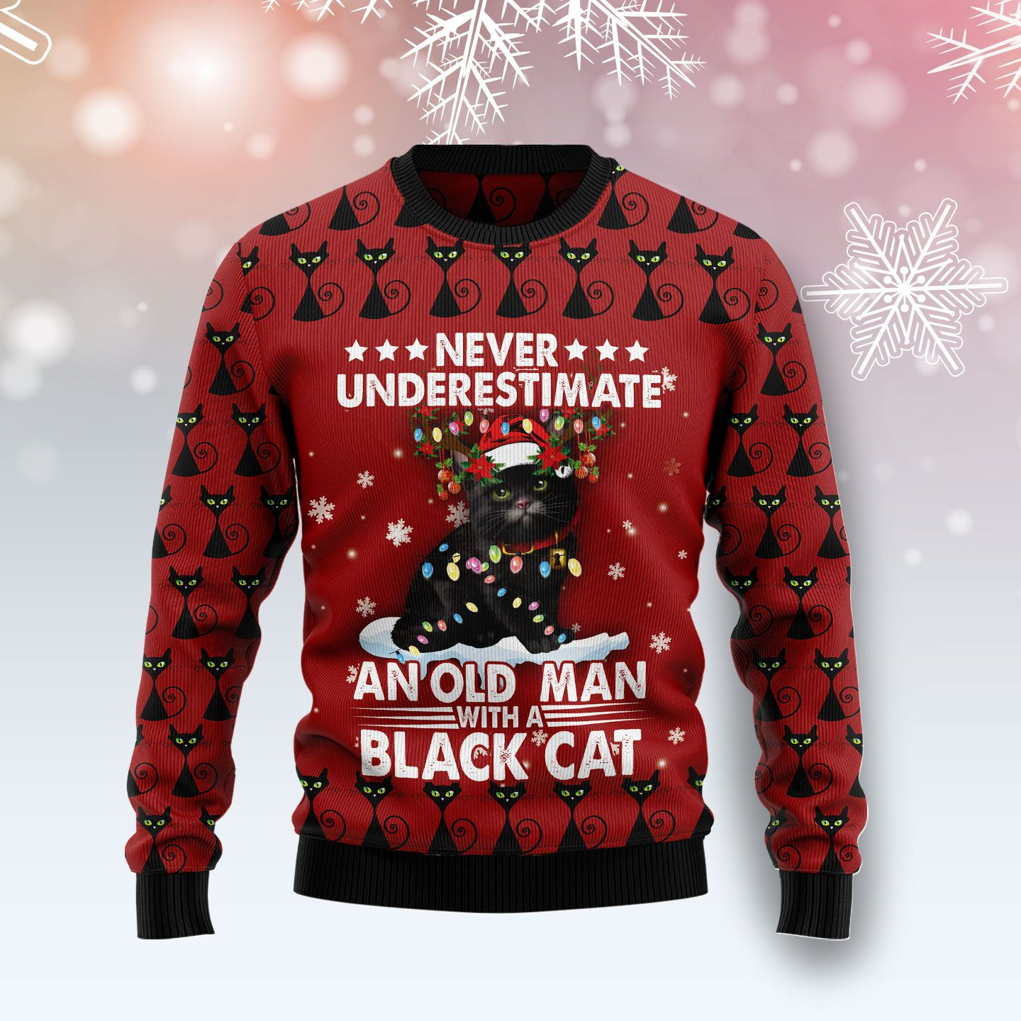 Black Cat Old Man Ugly Christmas Sweater Ugly Sweater For Men Women