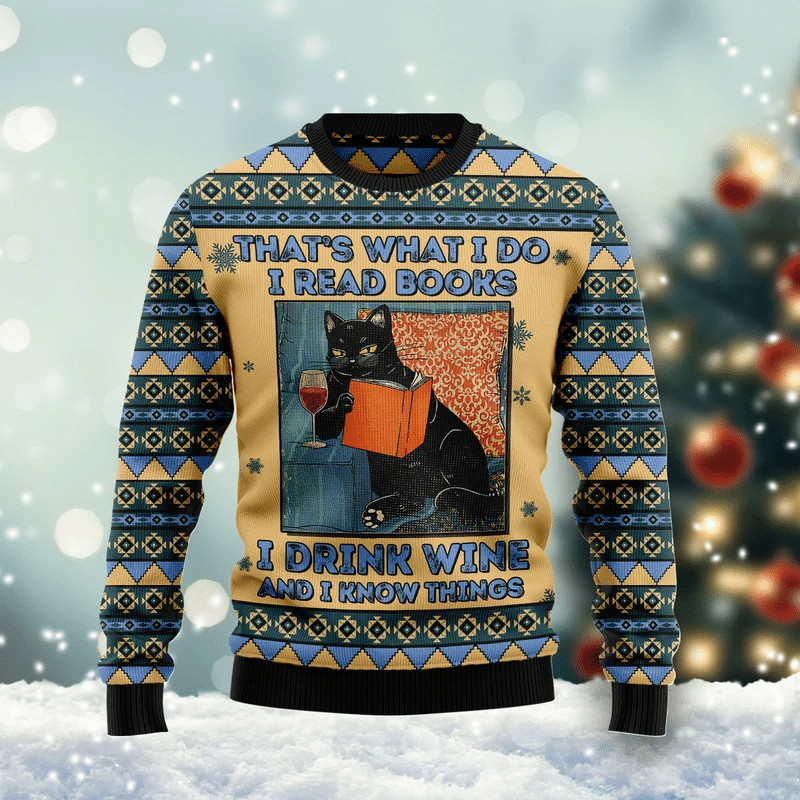 Black Cat Read Books Drink Wine Know Things Ugly Christmas Sweater, Ugly Sweater For Men Women, Holiday Sweater