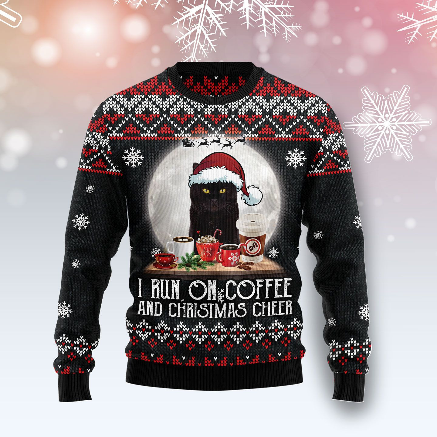 Black Cat Run On Coffee Ugly Christmas Sweater Ugly Sweater For Men Women, Holiday Sweater