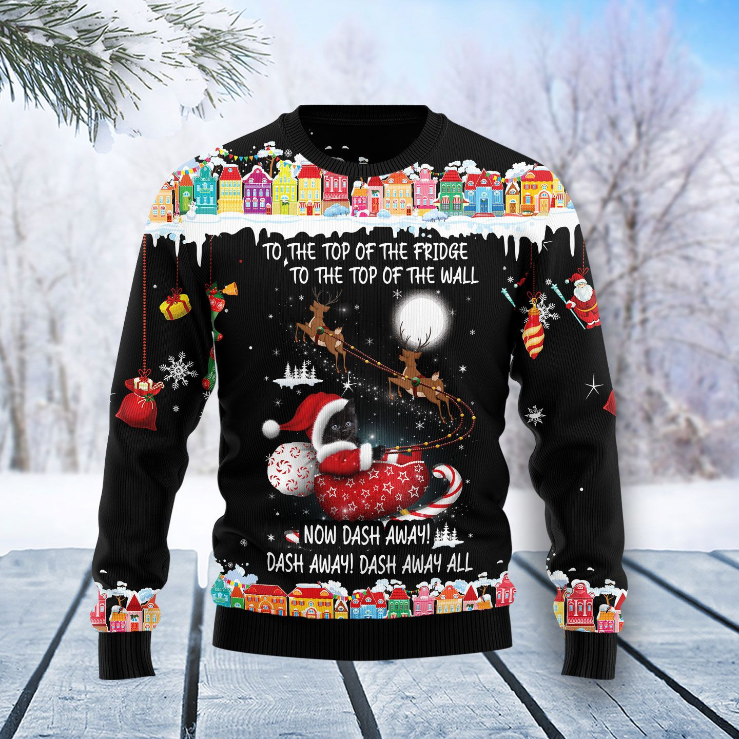 Black Cat Sleigh Christmas Ugly Christmas Sweater Ugly Sweater For Men Women