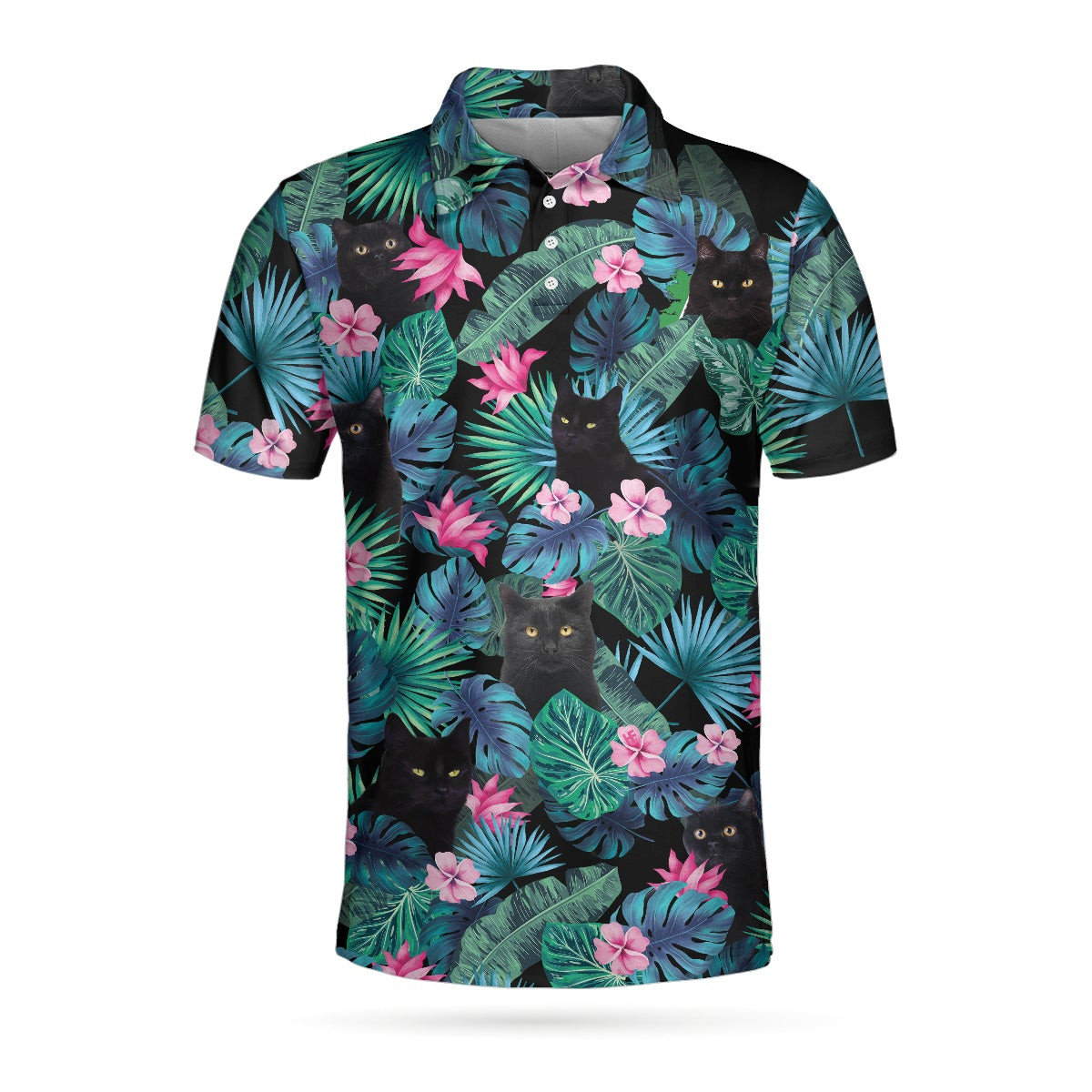 Black Cat Tropical Short Sleeve Polo Shirt Cute Floral Polo Shirt Best Golf Shirt For Men