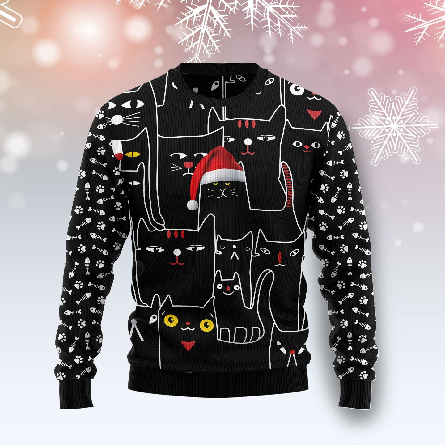 Black Cat With Noel Hat Ugly Christmas Sweater Ugly Sweater For Men Women