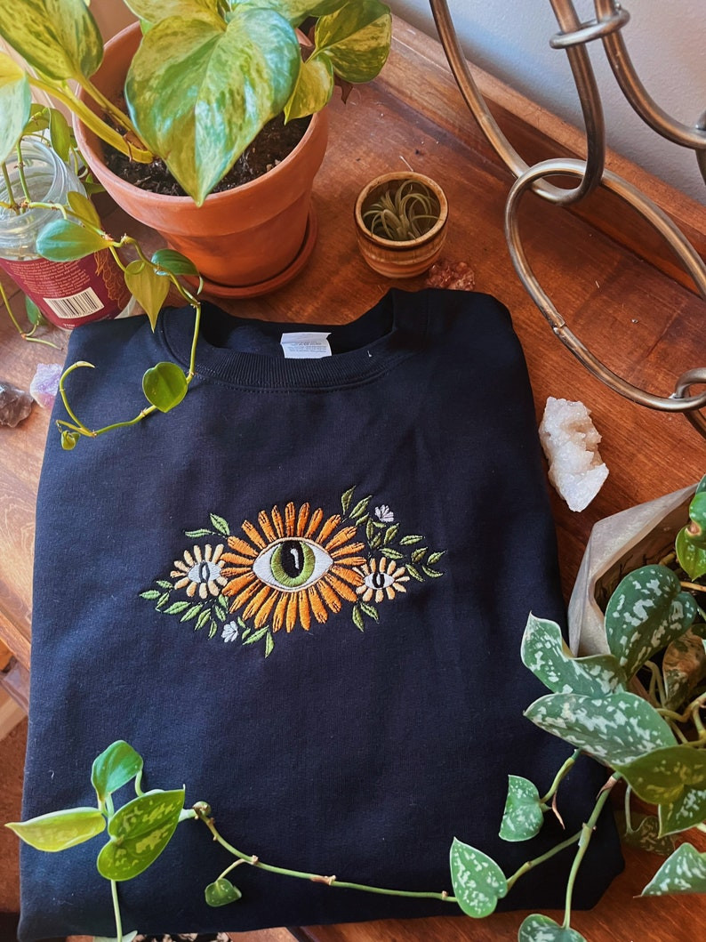 Black Floral Evil Eye Crewneck - Unisex Embroidered Fleece Pullover - Custom Crewneck - Embroidered Sweatshirt - Hippie Boho Apparel