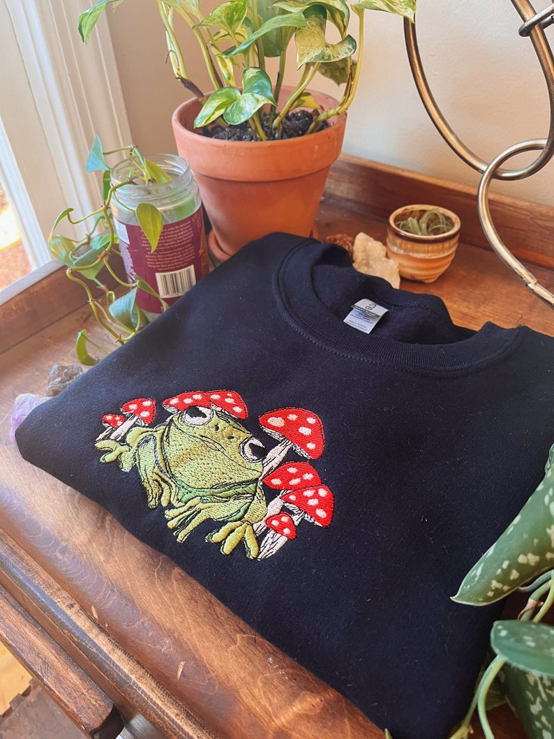 Black Frog Mushroom Crewneck - Embroidered Sweatshirt - Mushroom Hippie Apparel