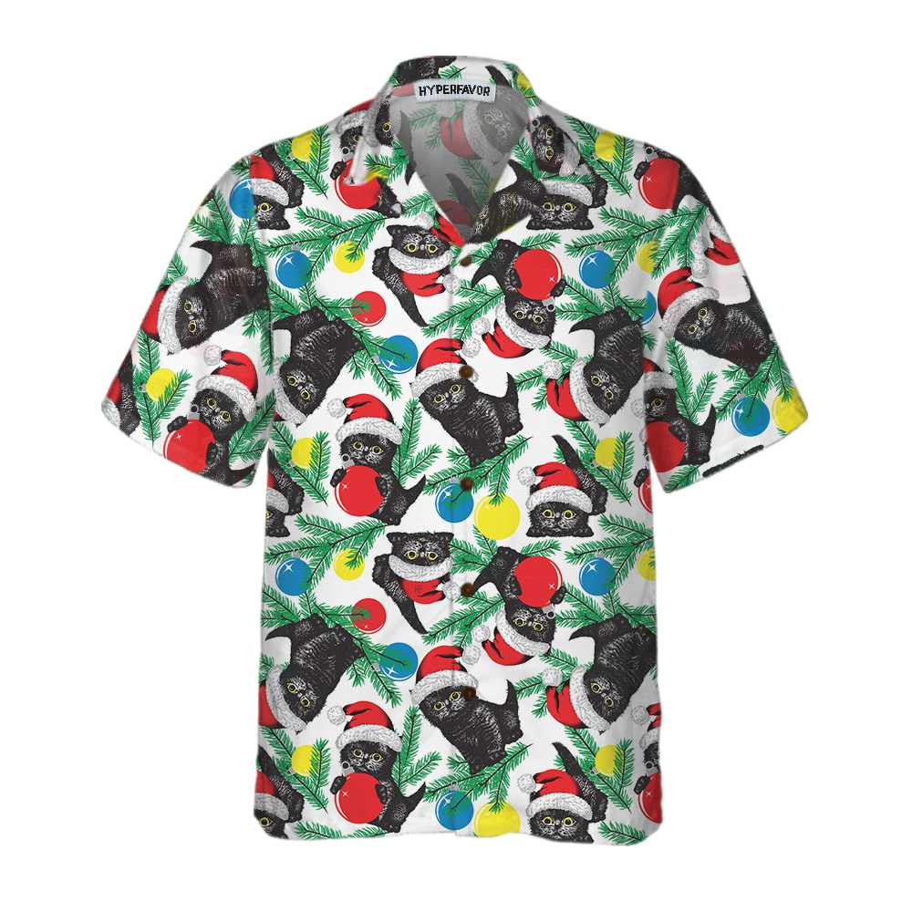 Black Kitten Wearing Santa Hat Hawaiian Shirt Funny Christmas Cat Shirt