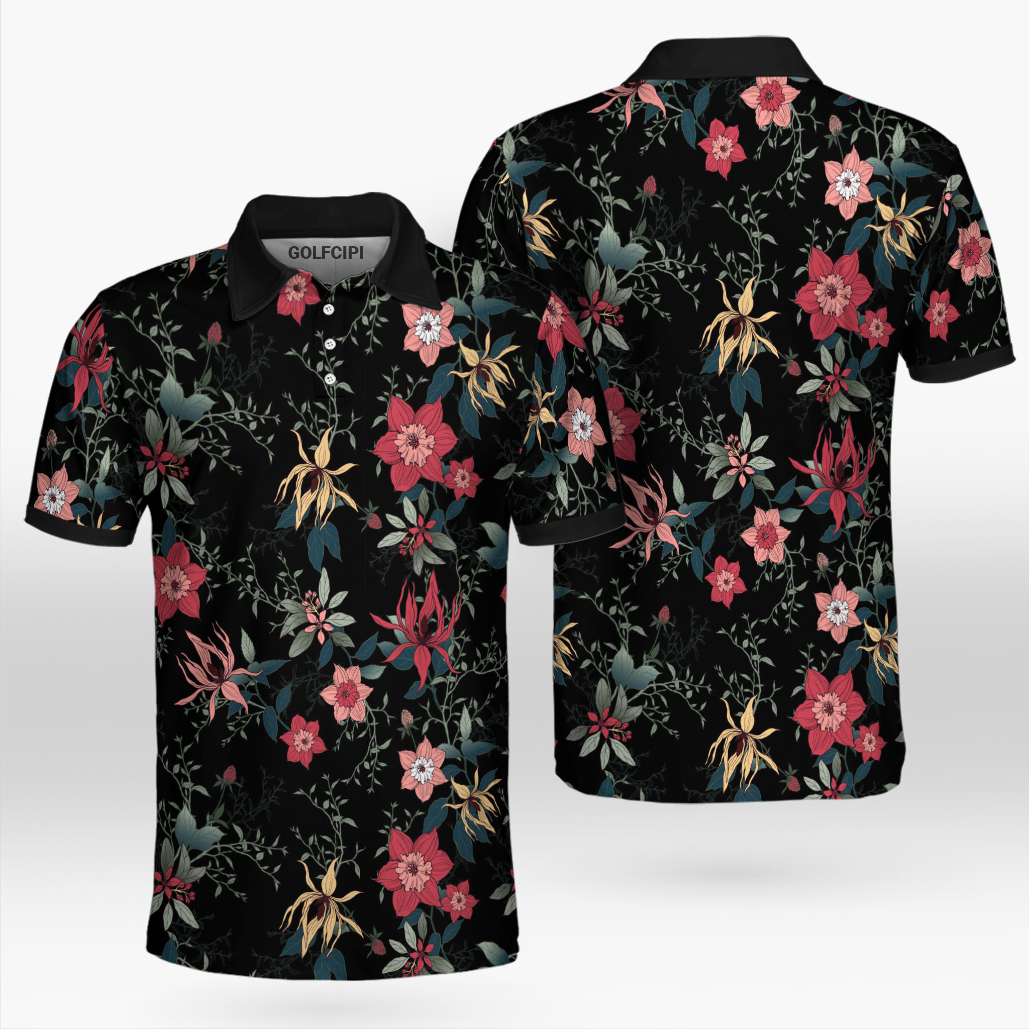 Black Pattern Floral Golf Shirt Golf Shirts Short Sleeve Polo For Men