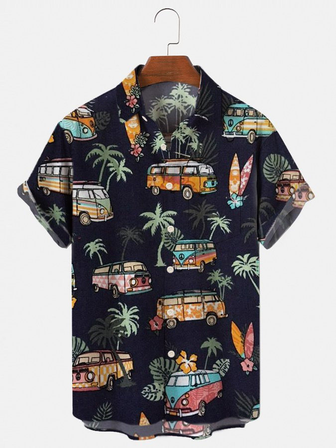 Black Printed Mens Hawaiian Shirt Casual Short Sleeve Aloha Beach Shirts Palm Tree Shirts