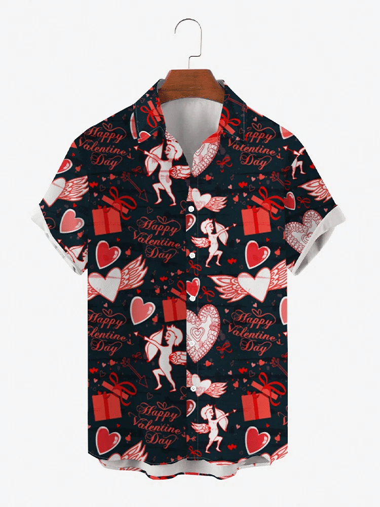 Black-Red Cotton-Blend Printed Valentines Day Basic Shirts  Tops Hawaiian Shirt for Men Women