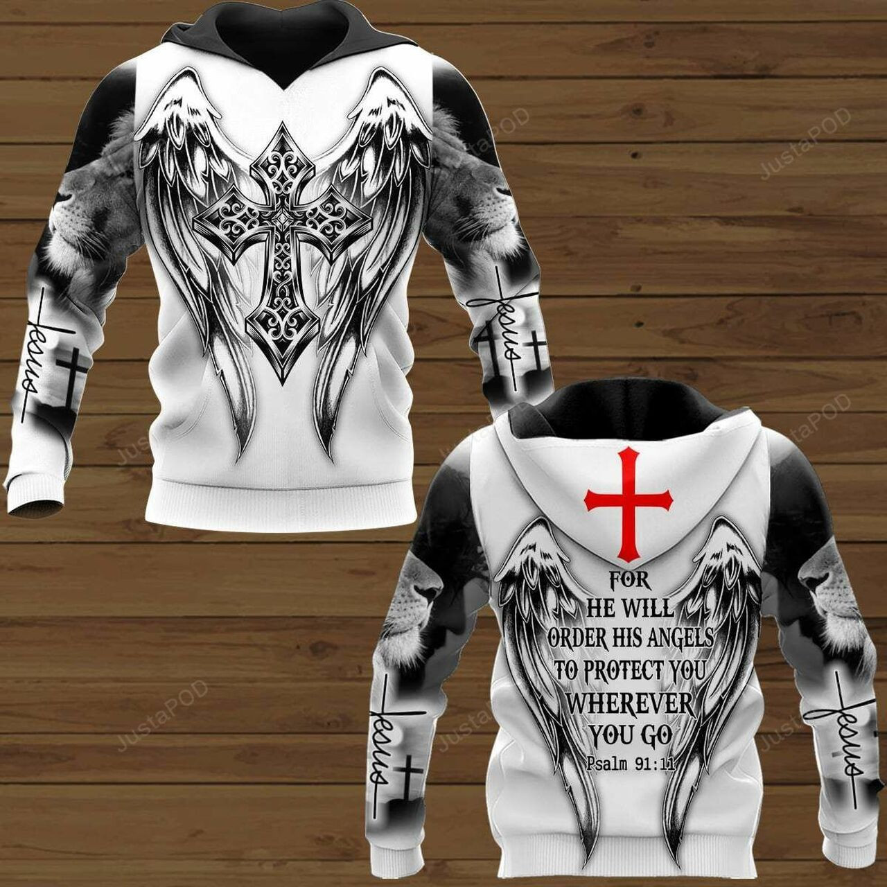 Black White Angel Wing For He Will Order His Angels To Protect You Wherever You Go 3d All Over Print Hoodie