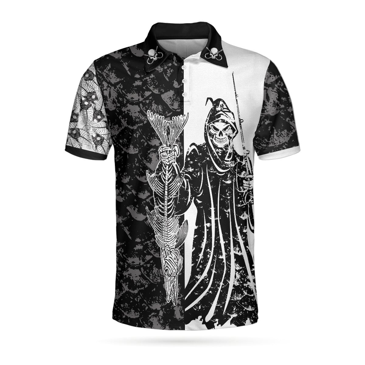 Black  White Fish Reaper With Grim Reaper Polo Shirt Skull Polo Shirt Best Fishing Shirt For Men