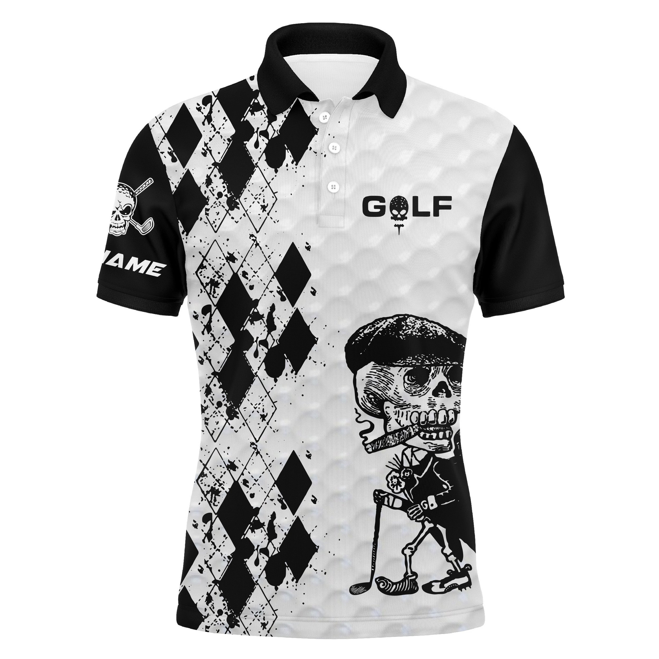 Black  White Mens Long Sleeve Golf Tops Dry-Fit Golf Polo Skull Personalized Golf Gifts For Men