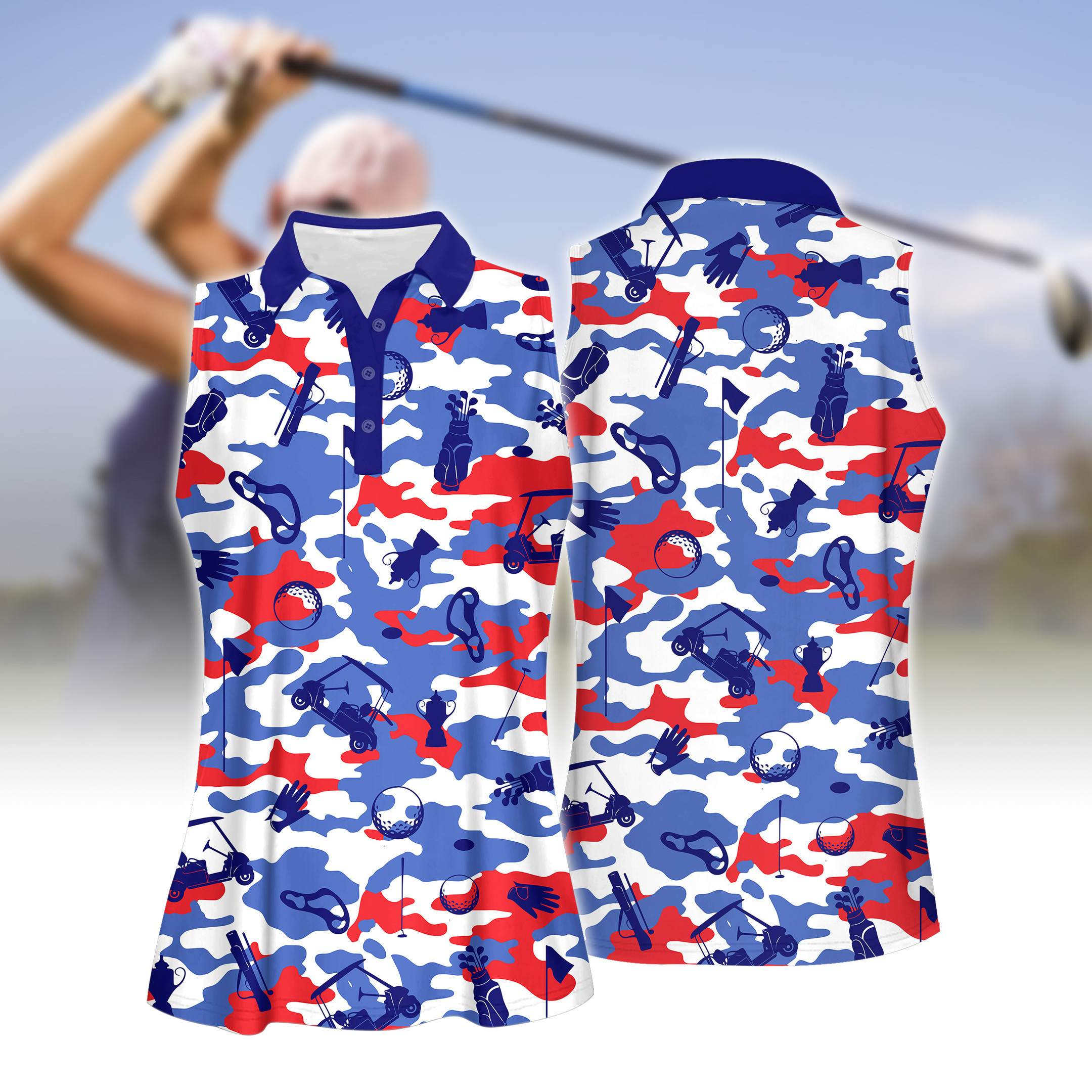 Blue And Red And White Golf Set Women Short Sleeve Polo Shirt Sleeveless Polo Shirt Sport Culottes With Pocket