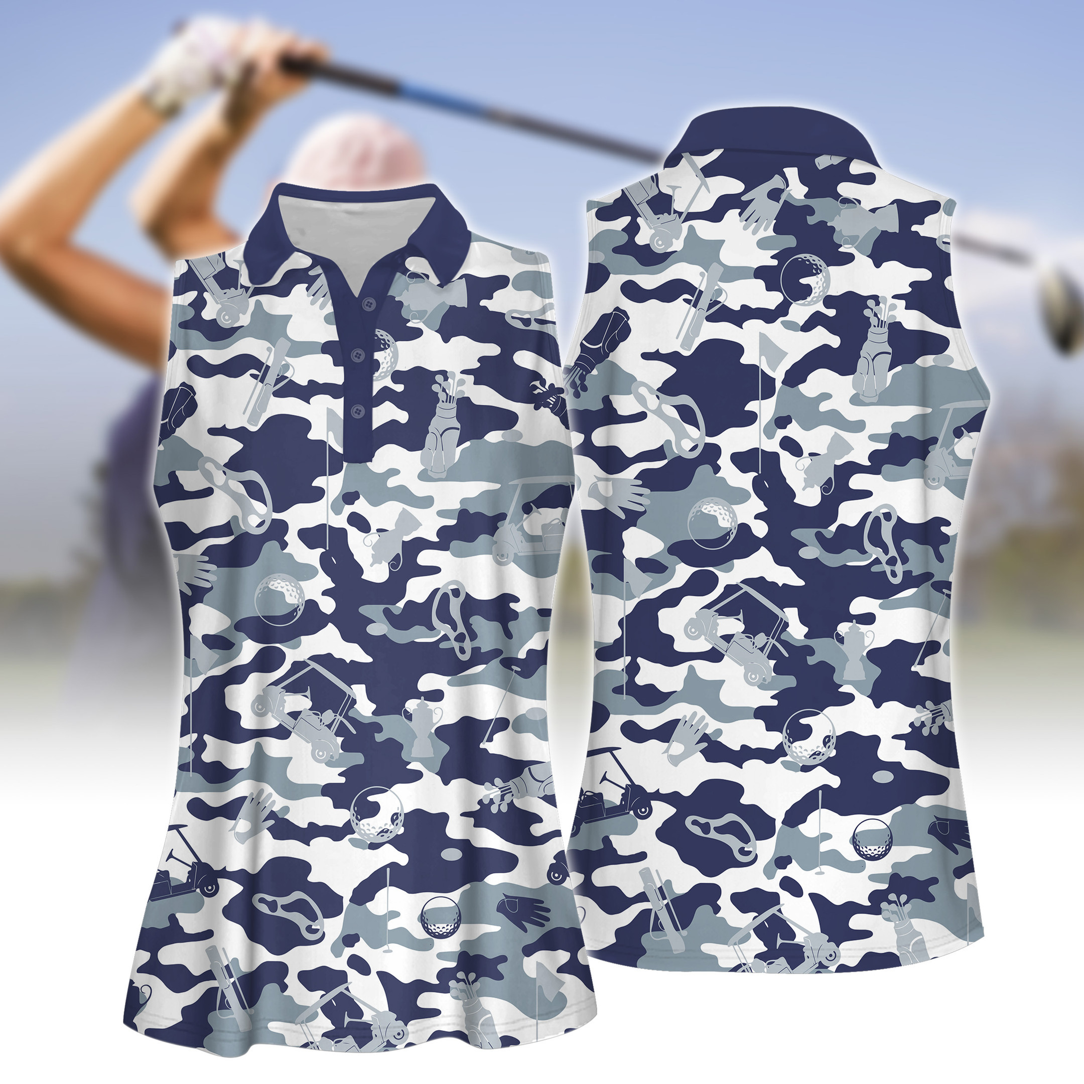 Blue And White Camouflage Golf Set Women Short Sleeve Polo Shirt Sleeveless Polo Shirt Sport Culottes With Pocket