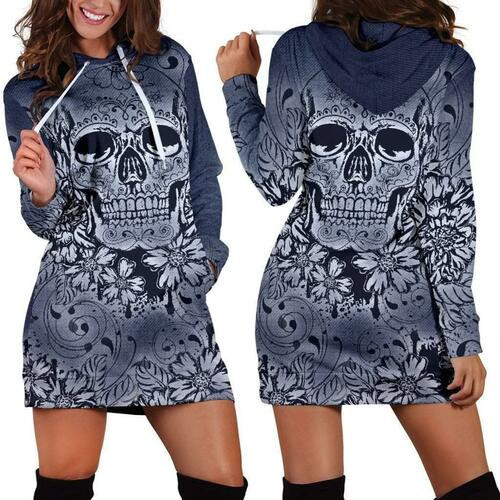 Blue Denim Skull Hoodie Dress Sweater Dress Sweatshirt Dress 3d All Over Print For Women Hoodie