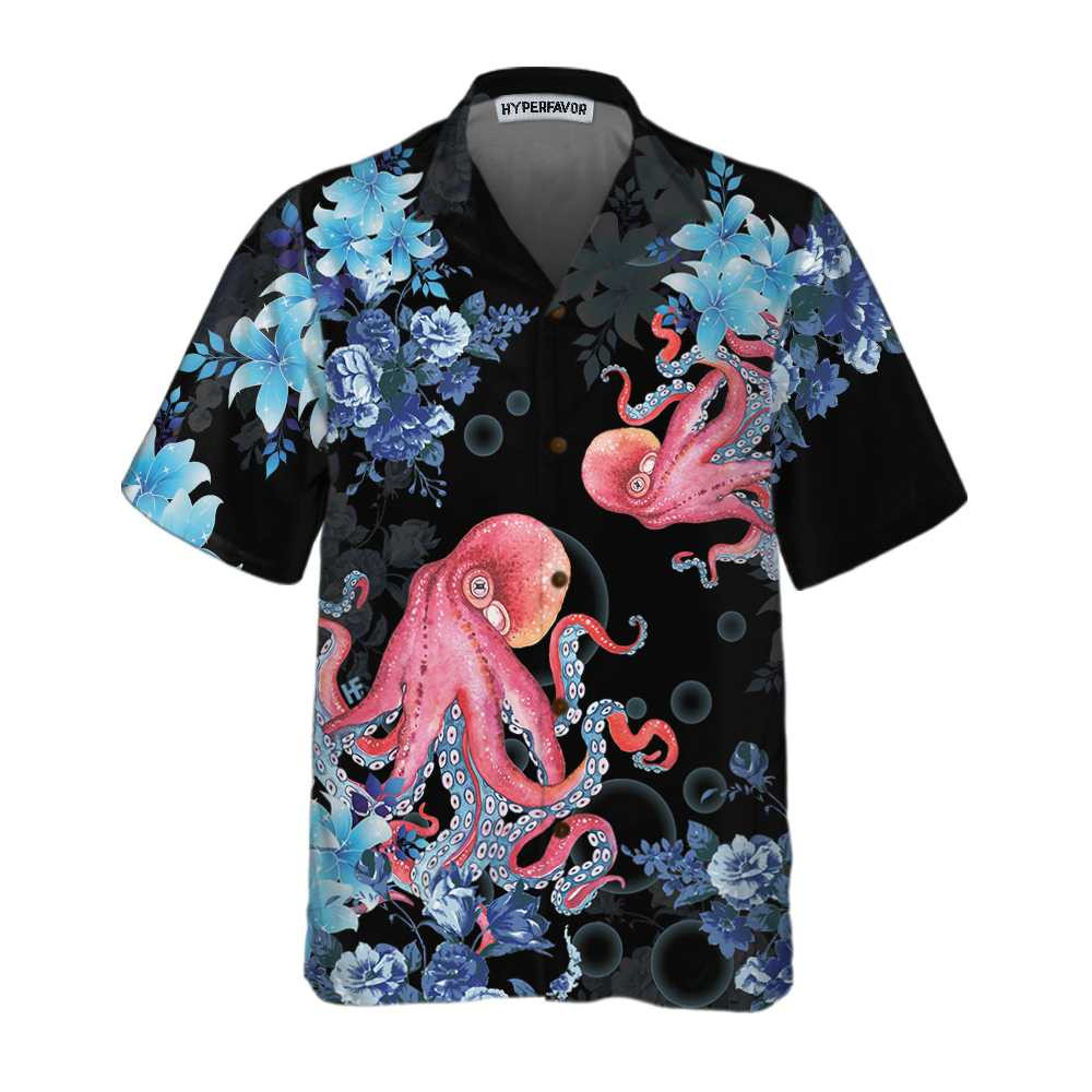 Blue Floral And Octopus Hawaiian Shirt Short Sleeve Octopus Shirt For Men