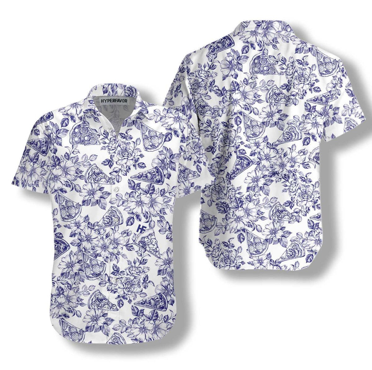 Blue Floral Pizza Pattern Shirt Hawaiian Shirt