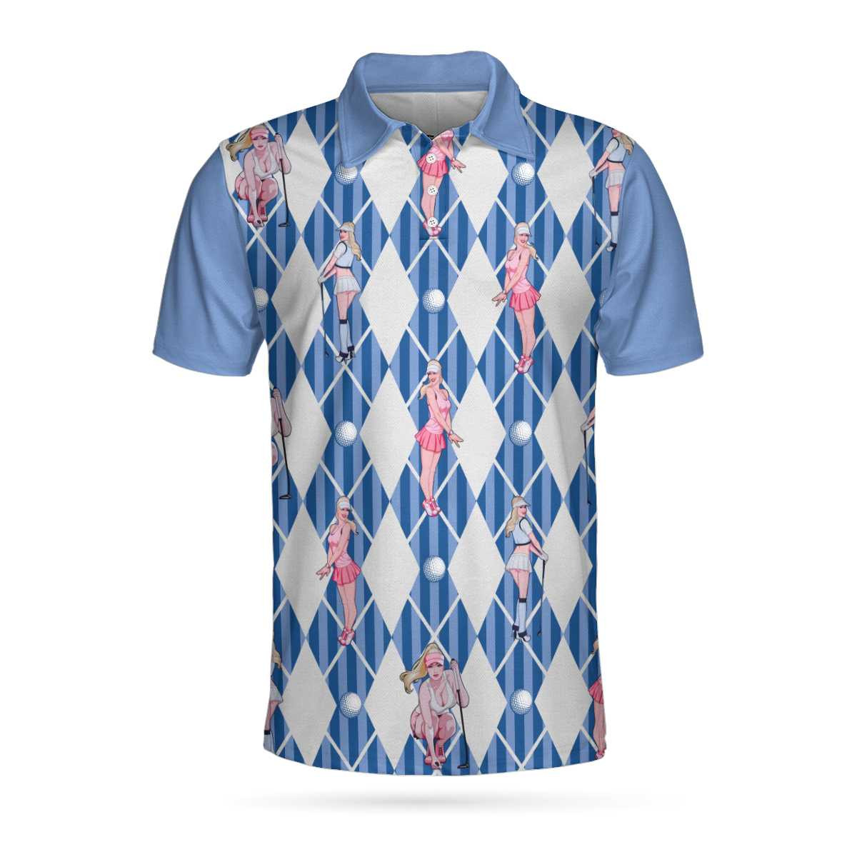 Blue Hot Golf Short Sleeve Polo Shirt Argyle Pattern Fun Golf Shirt For Men