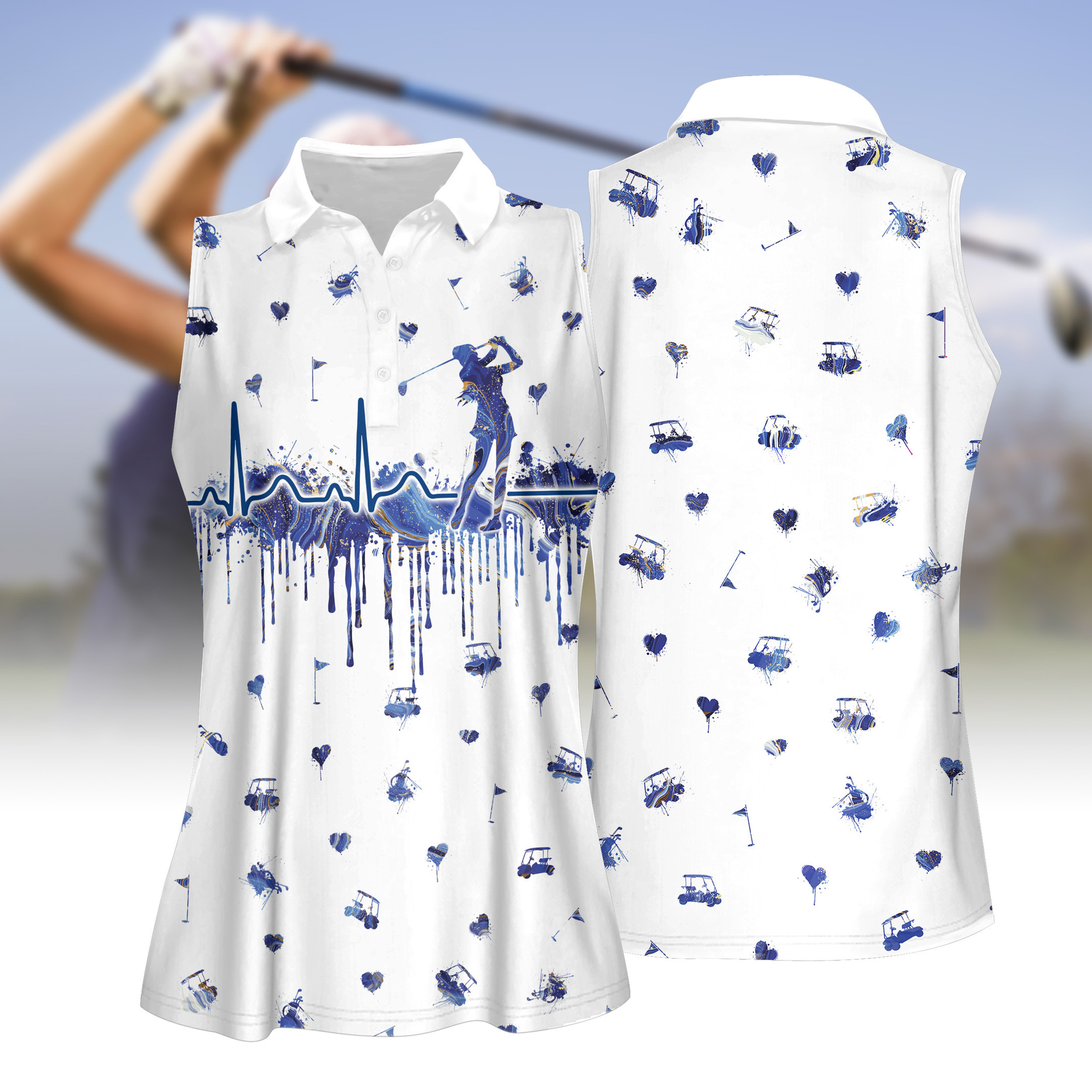 Blue Marble Heart Beat V2 Women Short Sleeve Polo Shirt Sleeveless Polo Shirt