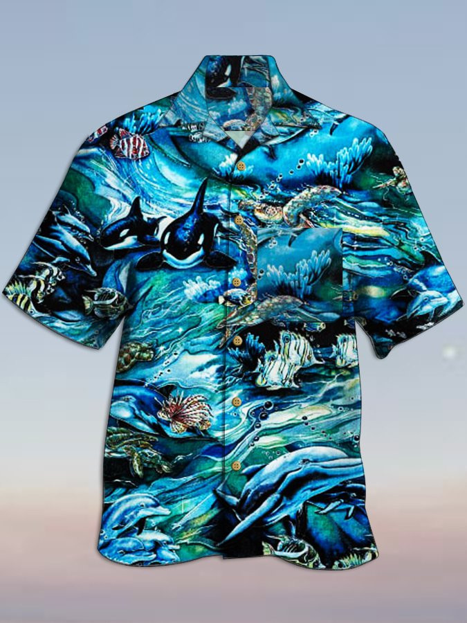 Blue Natural Landscape Printed Holiday Series Cotton-Blend Shirts  Tops Hawaiian Shirt for Men Women