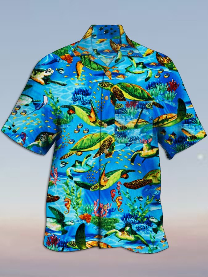Blue Printed Cotton-Blend Holiday Series Natural Landscape Shirts  Tops Hawaiian Shirt for Men Women