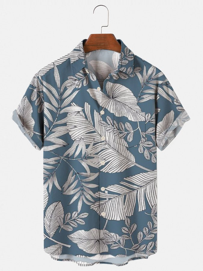 Blue Printed Holiday Mens Hawaiian Shirt Casual Short Sleeve Aloha Palm Tree Beach Shirts