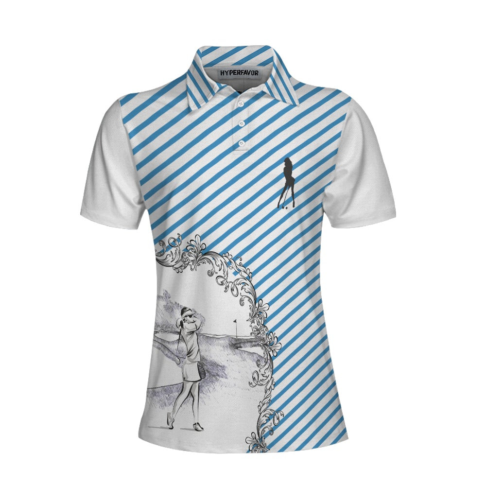 Blue Striped And Sketching Golf Girl Golf Short Sleeve Women Polo Shirt Best Gift For Female Golfers