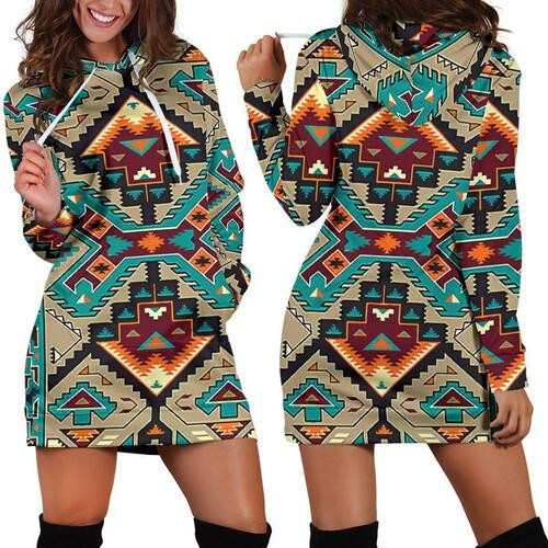 Blue Tribal Ethnic Pattern Native American Design Women Hoodie Dress Sweater Dress Sweatshirt Dress 3d All Over Print For Women Hoodie