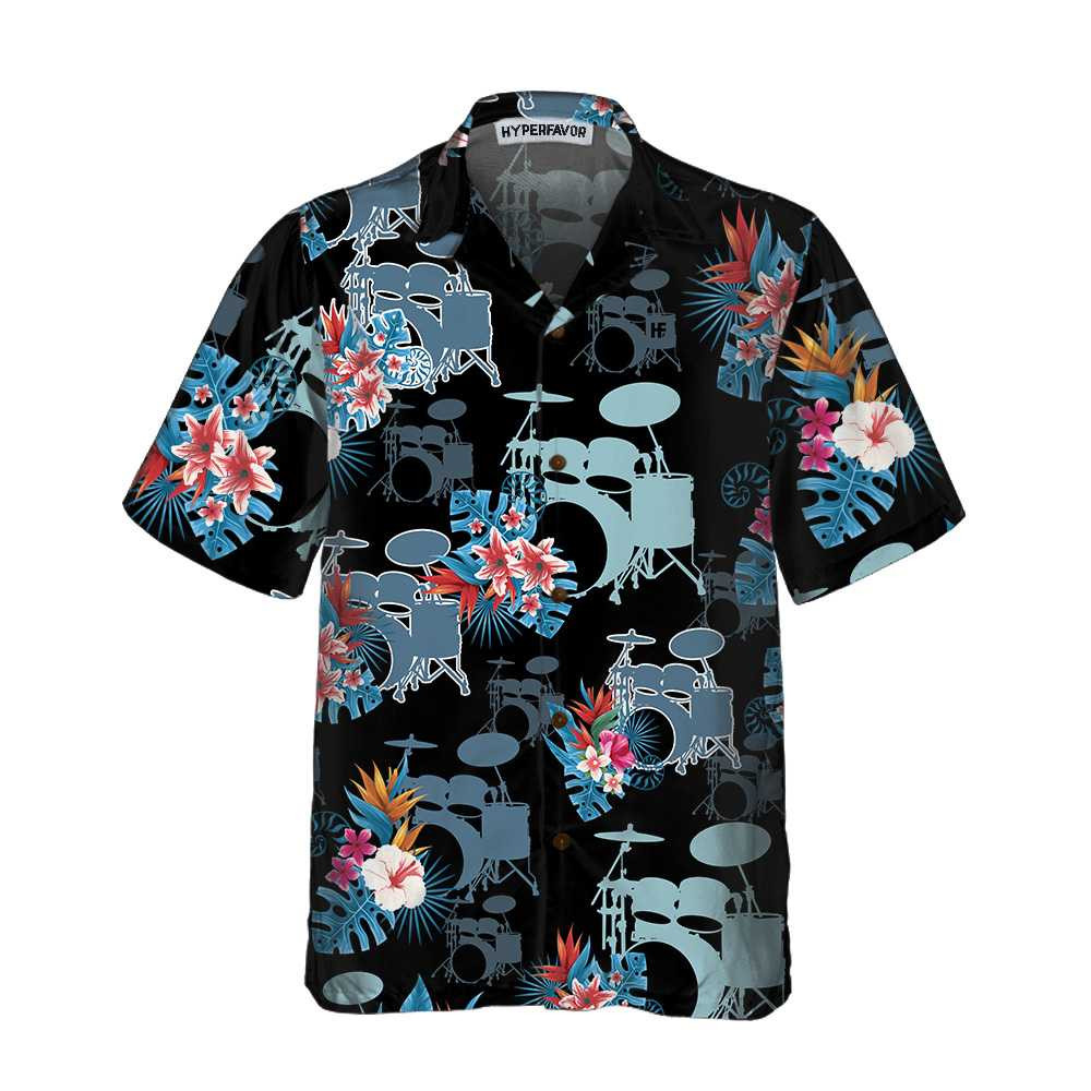 Blue Tropical Flower Drum Hawaiian Shirt Drum Shirt For Men Gift For Drummers