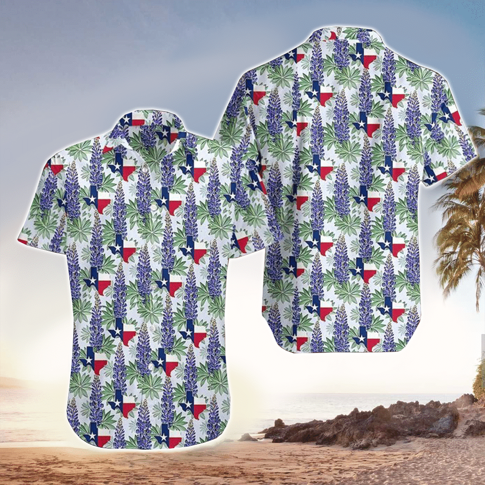 Bluebonnet Texas Map Flag Pattern Hawaiian Shirt Summer Aloha Shirt
