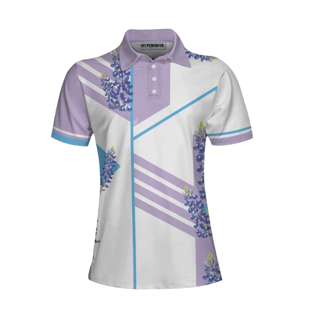 Bluebonnet With Purple Stripe Golf Short Sleeve Women Polo Shirt White And Purple Texas Golf Shirt For Ladies