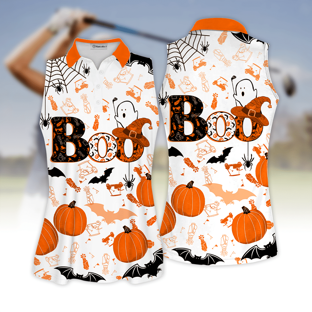 Boo Halloween Golf Pattern Orange Sleeveless Polo Shirt Sleeveless Zipper Polo Shirt Short Sleeve Long Sleeve Polo Shirt