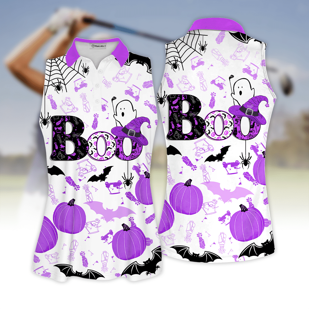 Boo Halloween Golf Pattern Purple Sleeveless Polo Shirt Sleeveless Zipper Polo Shirt Short Sleeve Long Sleeve Polo Shirt