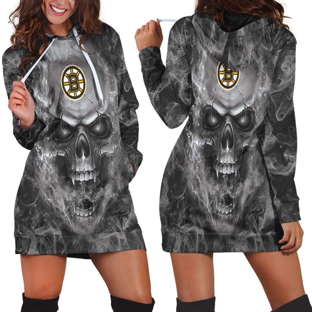 Boston Bruins Nhl Fans Skull Hoodie Dress Sweater Dress Sweatshirt Dress