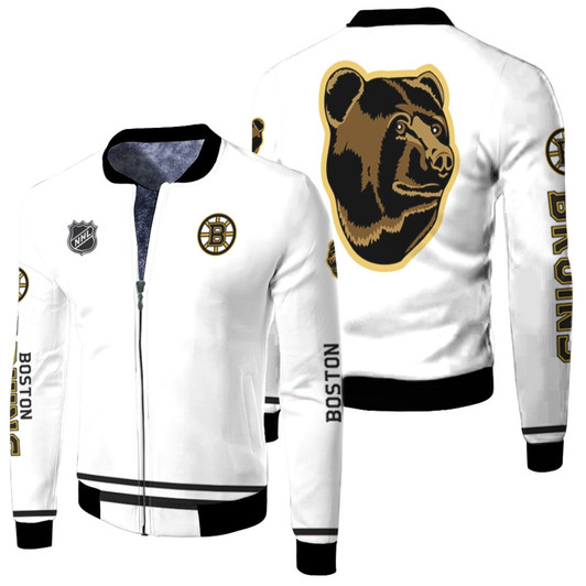 Boston Bruins Nhl Ice Hockey Team Blades The Bruin Logo Mascot White Fleece Bomber Jacket