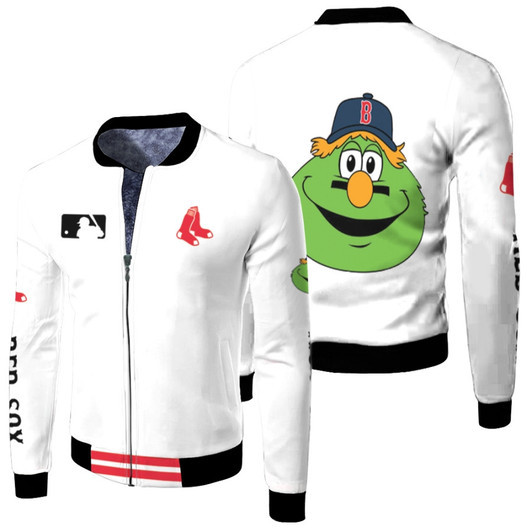 Boston Red Sox Mlb Baseball Team Wally The Green Monster Logo White Fleece Bomber Jacket