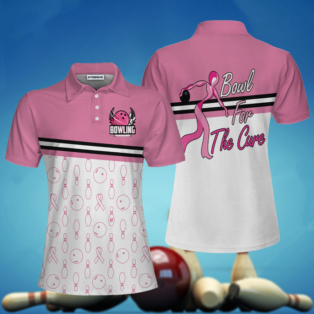 Bowl For The Cure Short Sleeve Women Polo Shirt Breast Cancer Awareness Polo Shirt For Ladies Pink Ribbon Shirt