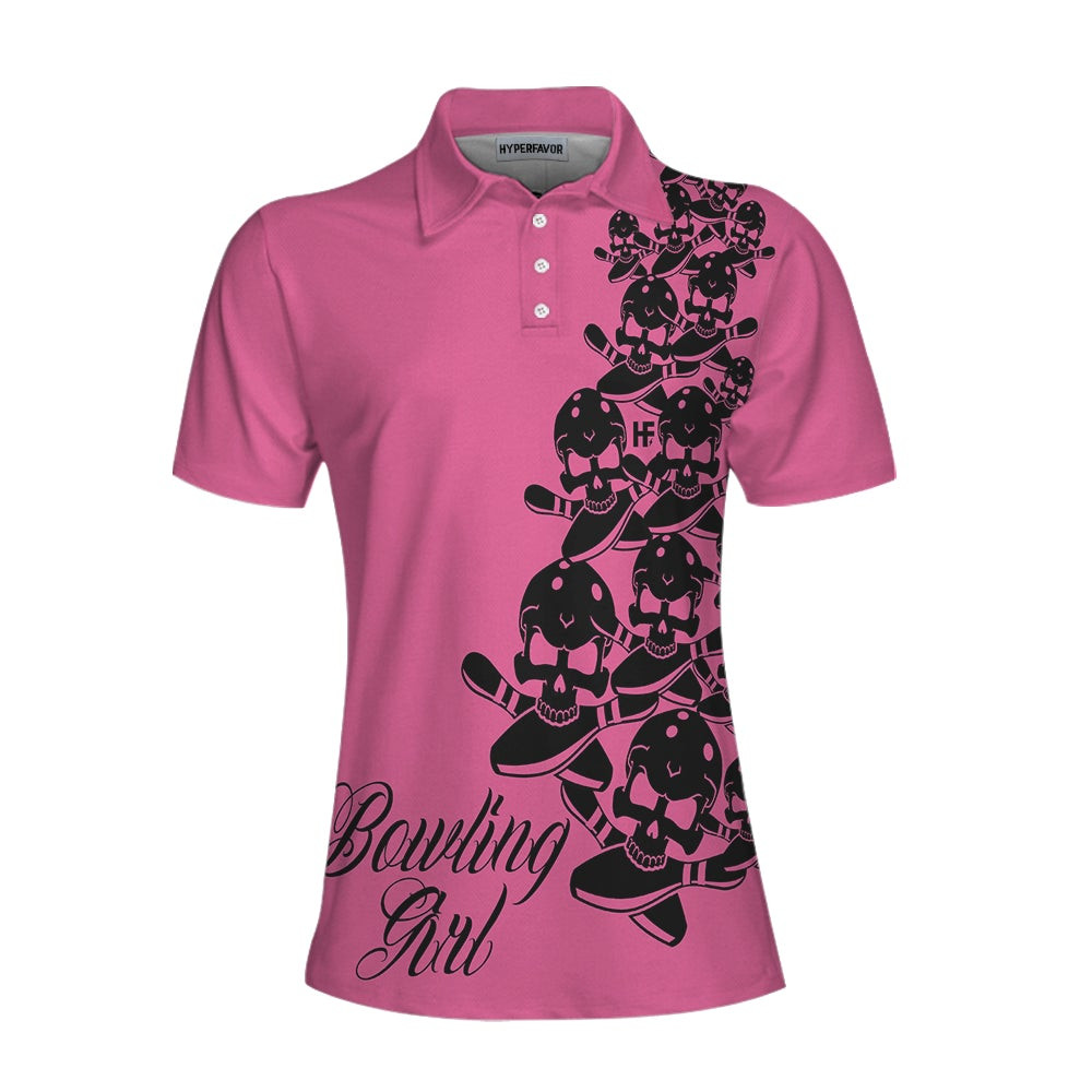 Bowling Girl Skull Short Sleeve Women Polo Shirt Pink Skull Pattern Bowling Shirt For Female Players