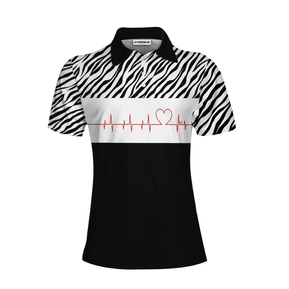 Bowling Heartbeat Zebra Pattern Short Sleeve Women Polo Shirt Bowling Shirt For Ladies