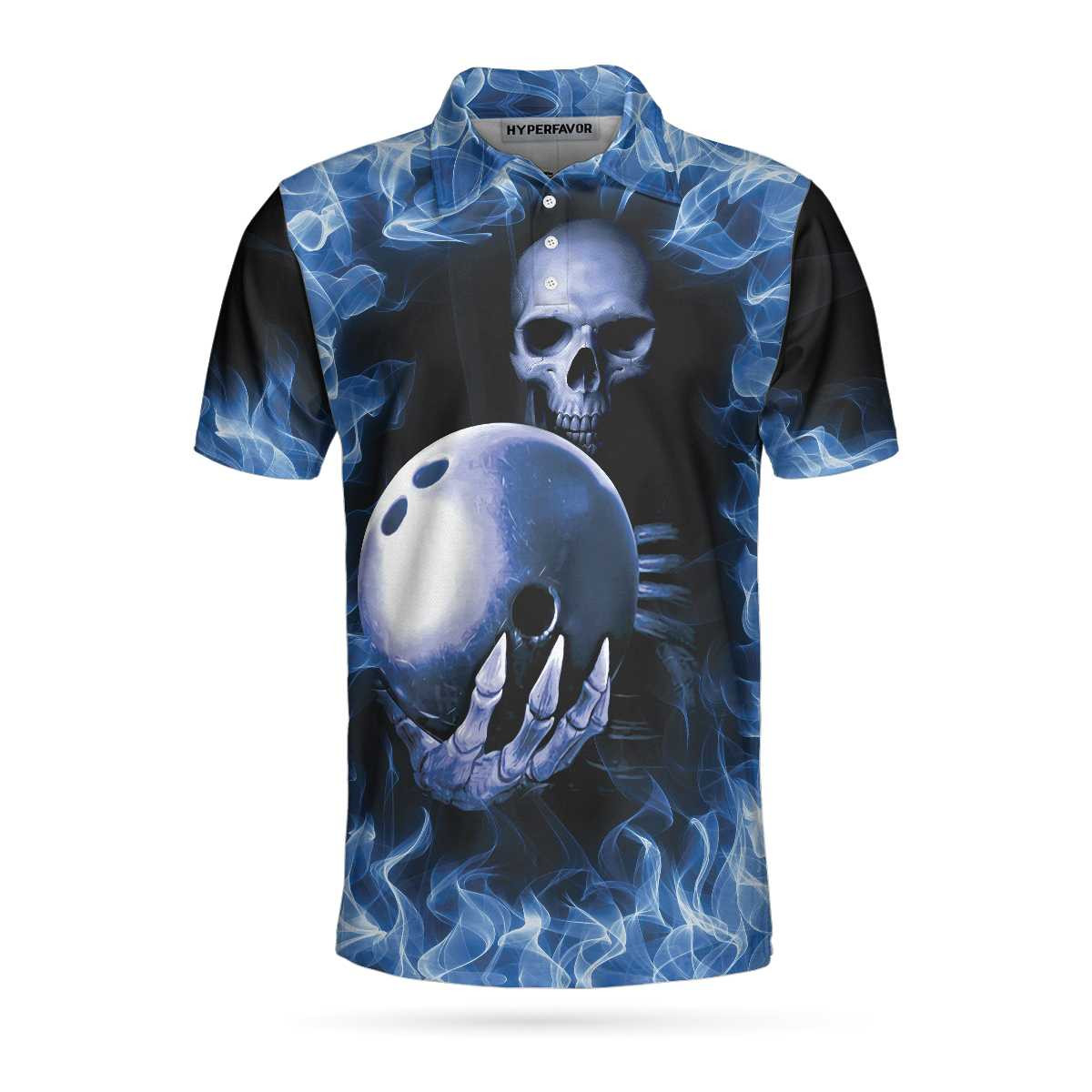 Bowling Murder Polo Shirt Blue Flame Pattern Bowling Polo Shirt Scary Skull Shirt Design For Halloween