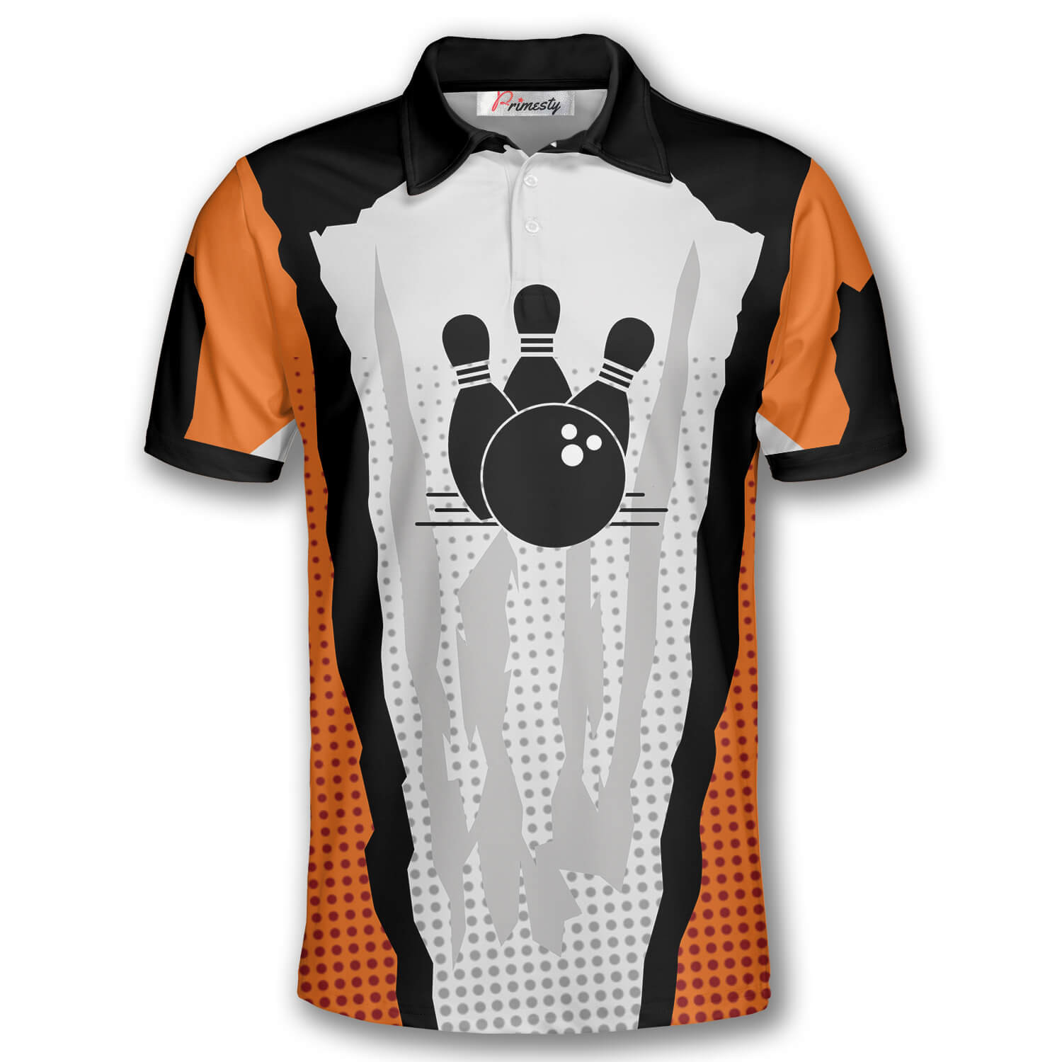 Bowling Pin and Balls Gray Black Orange Background Bowling Shirts for Men Bowling Polo Shirt