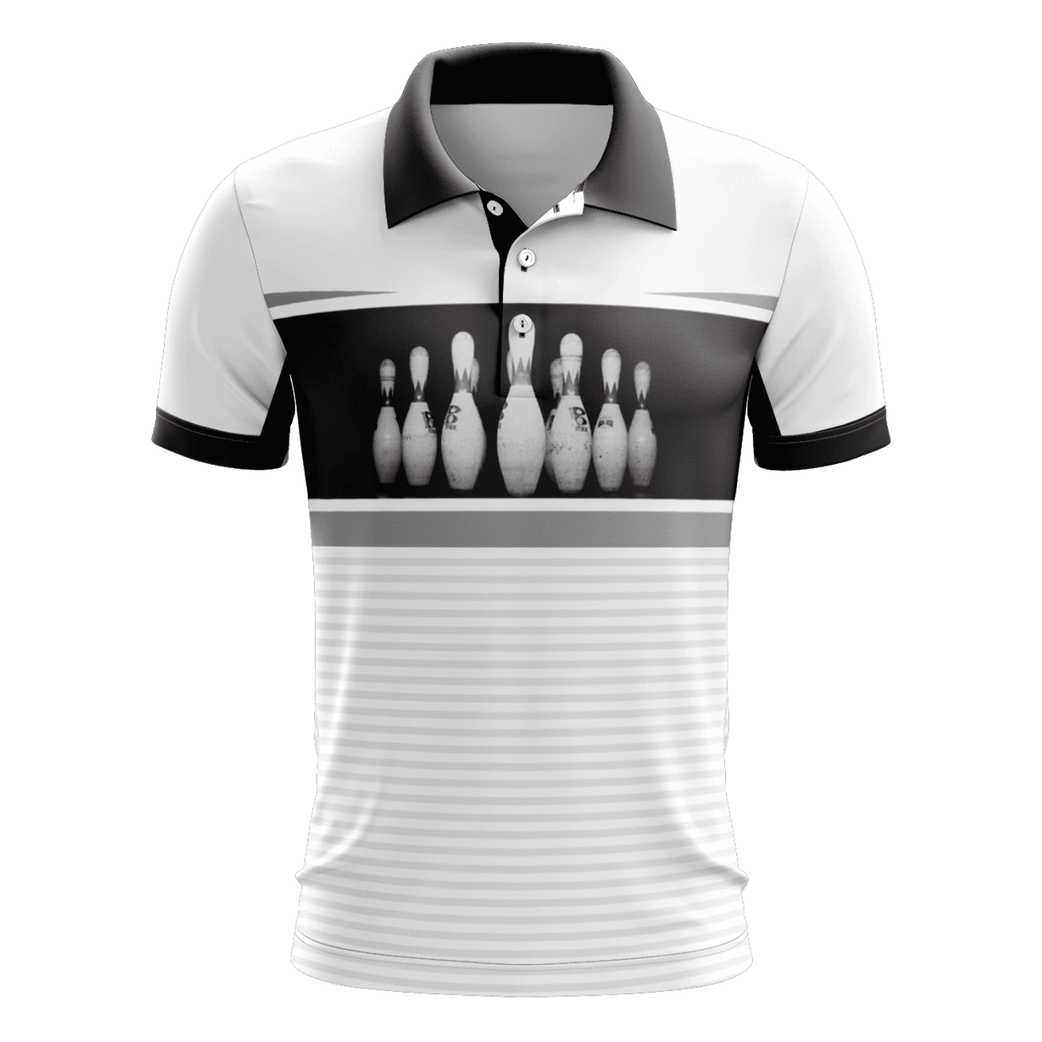 Bowling Pins Black and White Background Bowling Shirts for Men Bowling Polo Shirt