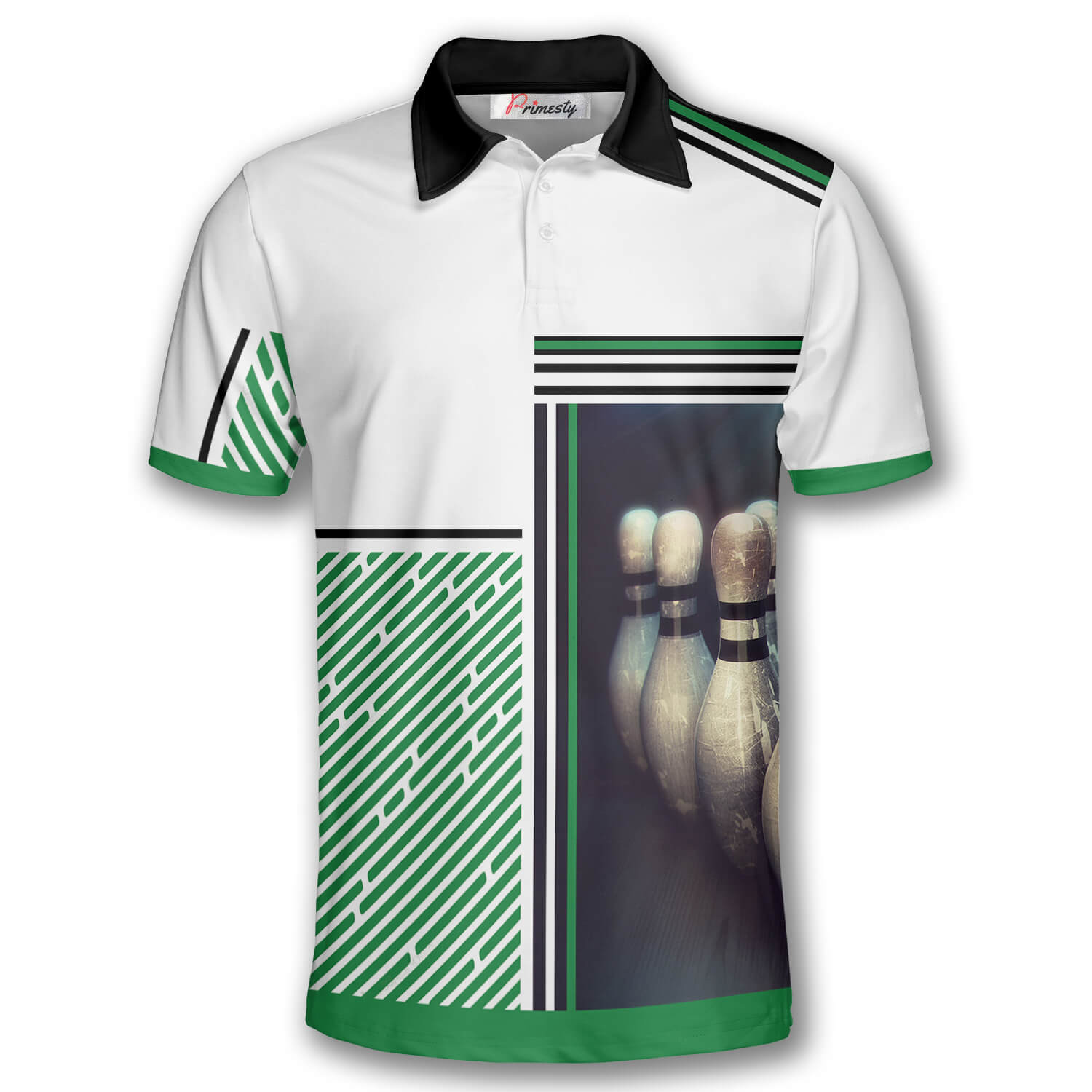 Bowling Pins Green White Background Bowling Shirts for Men Bowling Polo Shirt