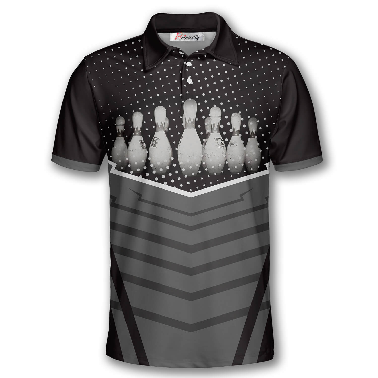 Bowling Pins White Dots Black Background Bowling Shirts for Men Bowling Polo Shirt