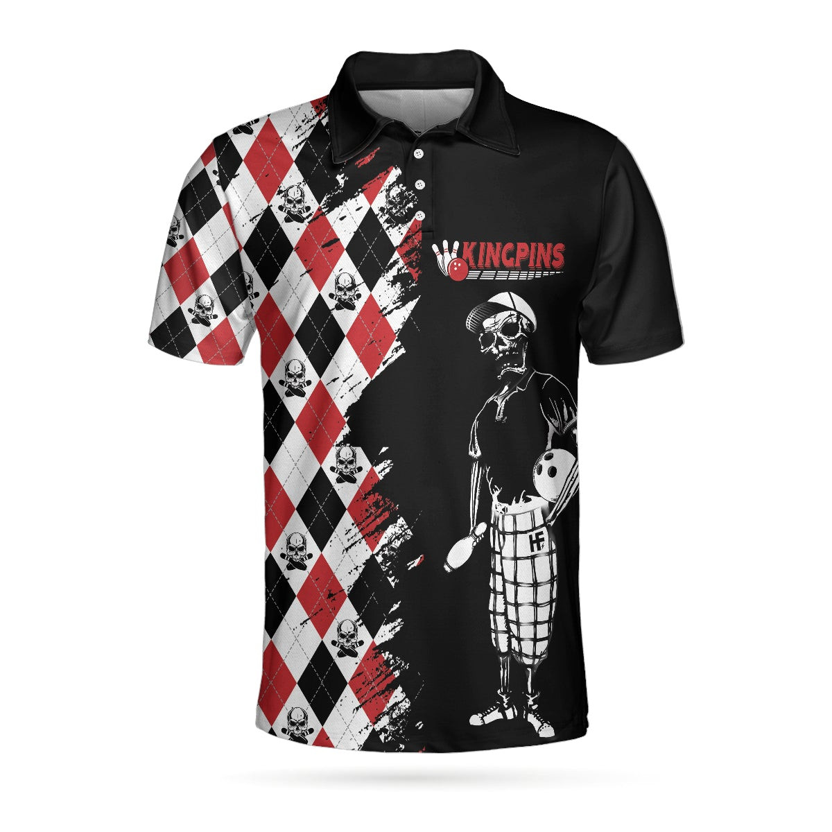 Bowling Red Black White Skull Pattern Short Sleeve Polo Shirt Argyle Pattern Polo Shirt Best Bowling Shirt For Men