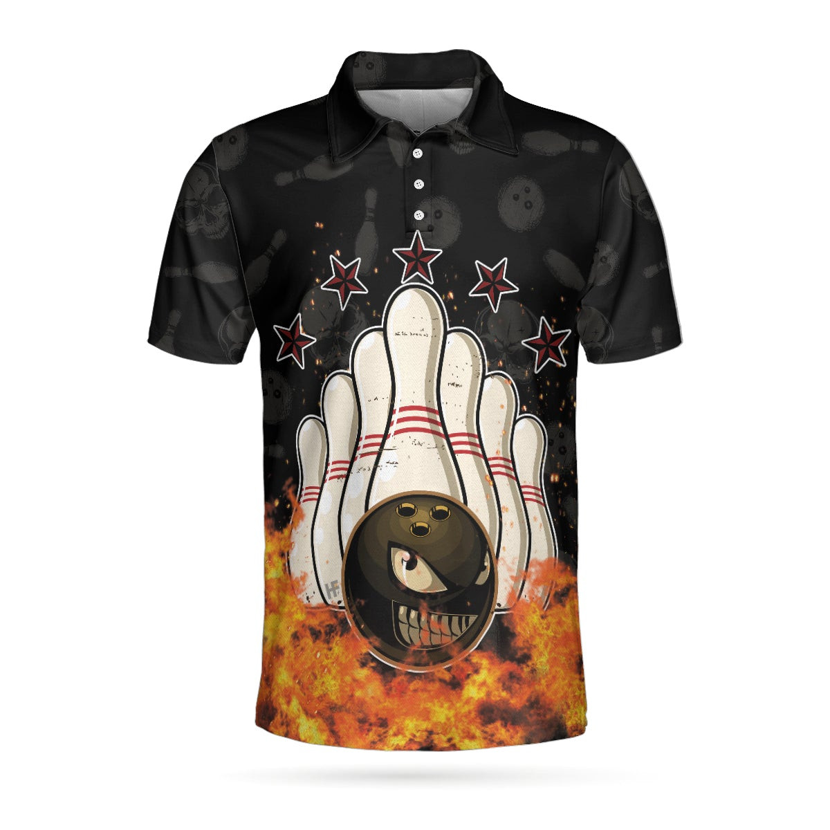 Bowling Skull And Monster Ball Short Sleeve Polo Shirt Skull Star Fire Polo Shirt Best Bowling Shirt For Men