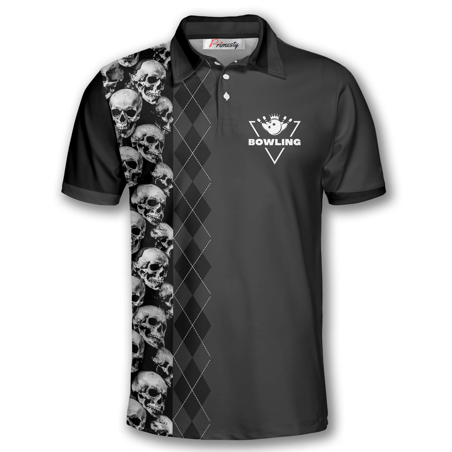 Bowling Skull Argyle Pattern Bowling Shirts for Men Bowling Polo Shirt